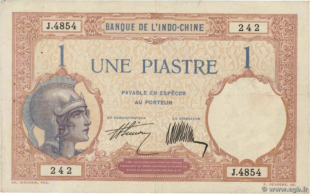 1 Piastre FRENCH INDOCHINA  1921 P.048b VF