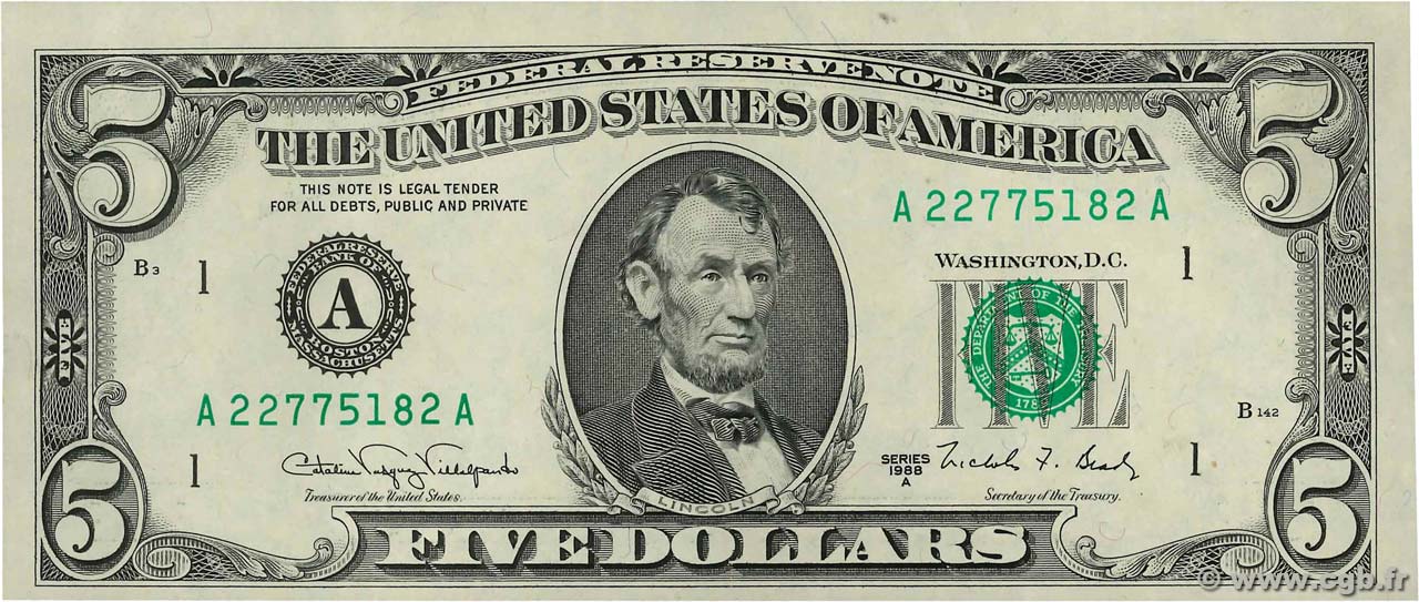 5 Dollars STATI UNITI D AMERICA Boston 1988 P.481b q.AU