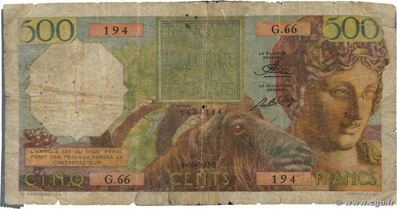 500 Francs ALGERIA  1950 P.106a q.B
