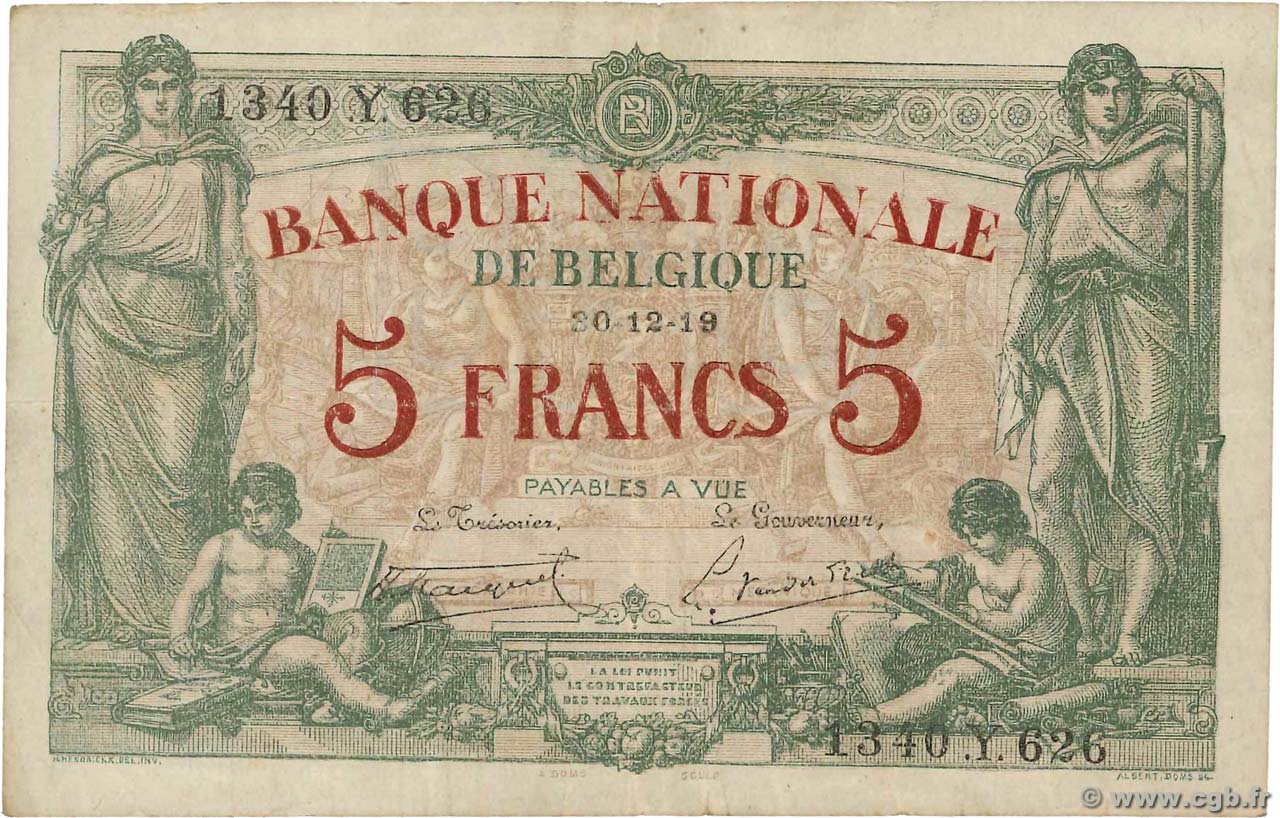 5 Francs BELGIUM  1919 P.075b VF-