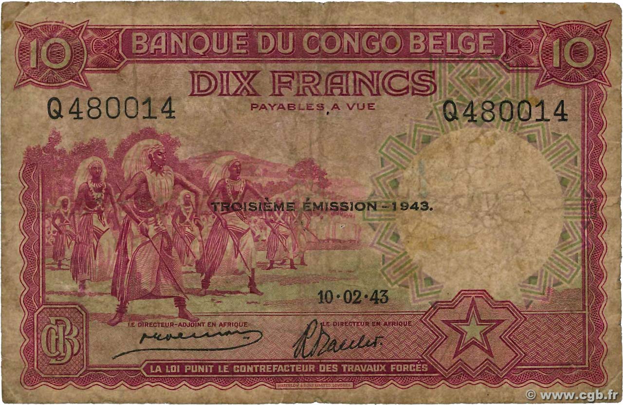 10 Francs BELGIAN CONGO  1943 P.14C G
