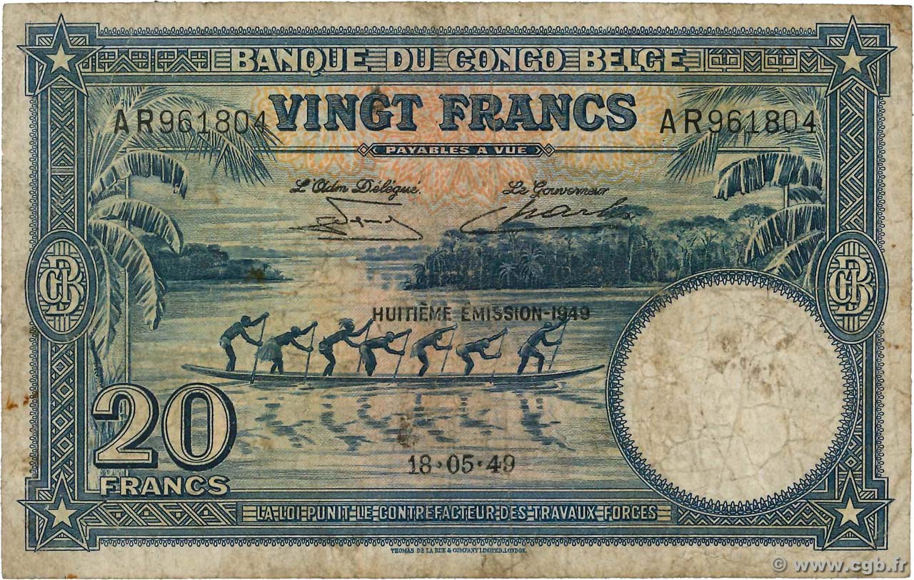 20 Francs CONGO BELGA  1949 P.15G q.MB