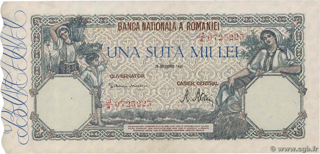 100000 Lei ROMANIA  1945 P.058a AU-
