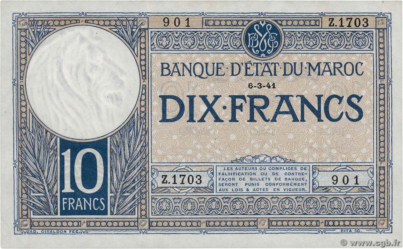 10 Francs MOROCCO  1941 P.17b XF