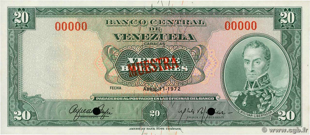 20 Bolivares Spécimen VENEZUELA  1972 P.052s fST+