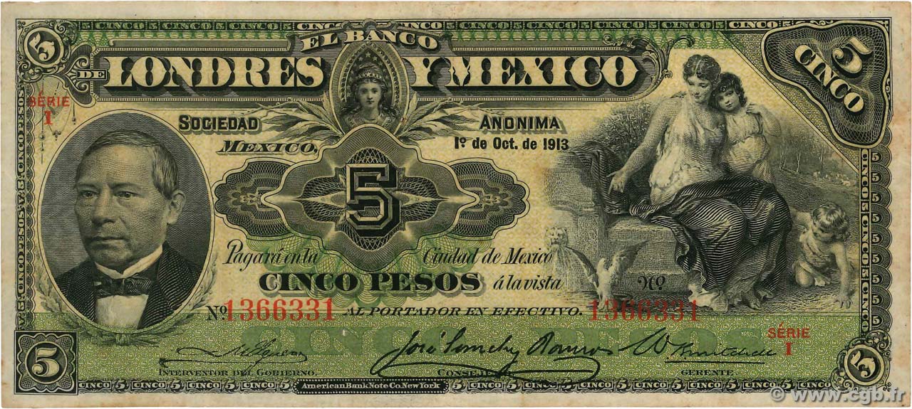 5 Pesos MEXICO  1913 PS.0233d BC+