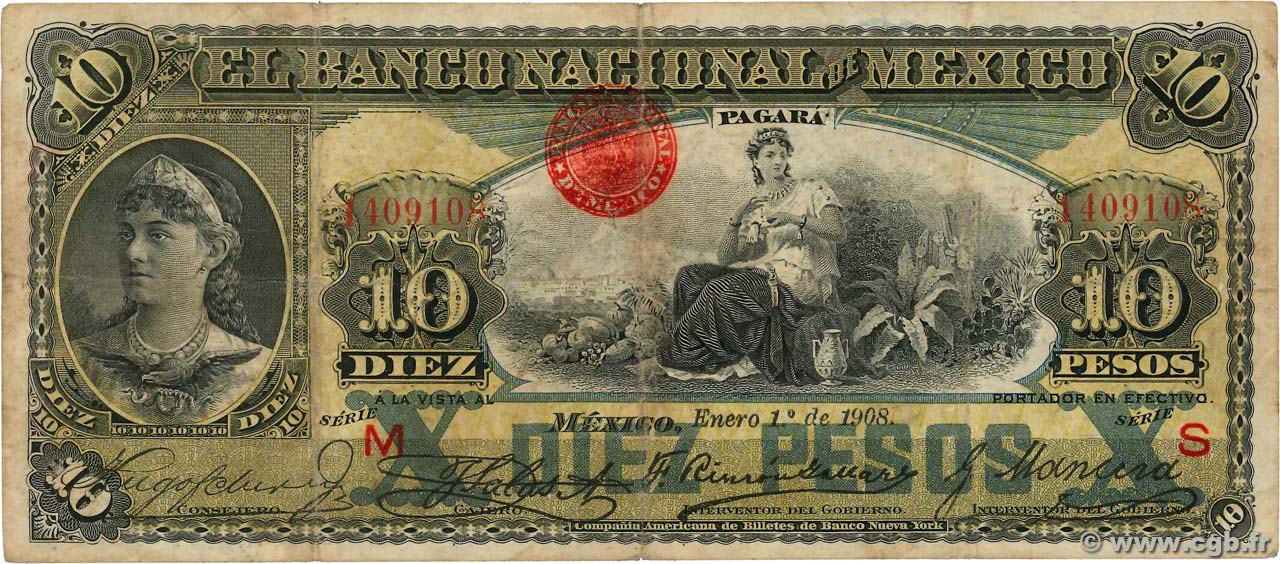 10 Pesos MEXICO  1908 PS.0258d RC+