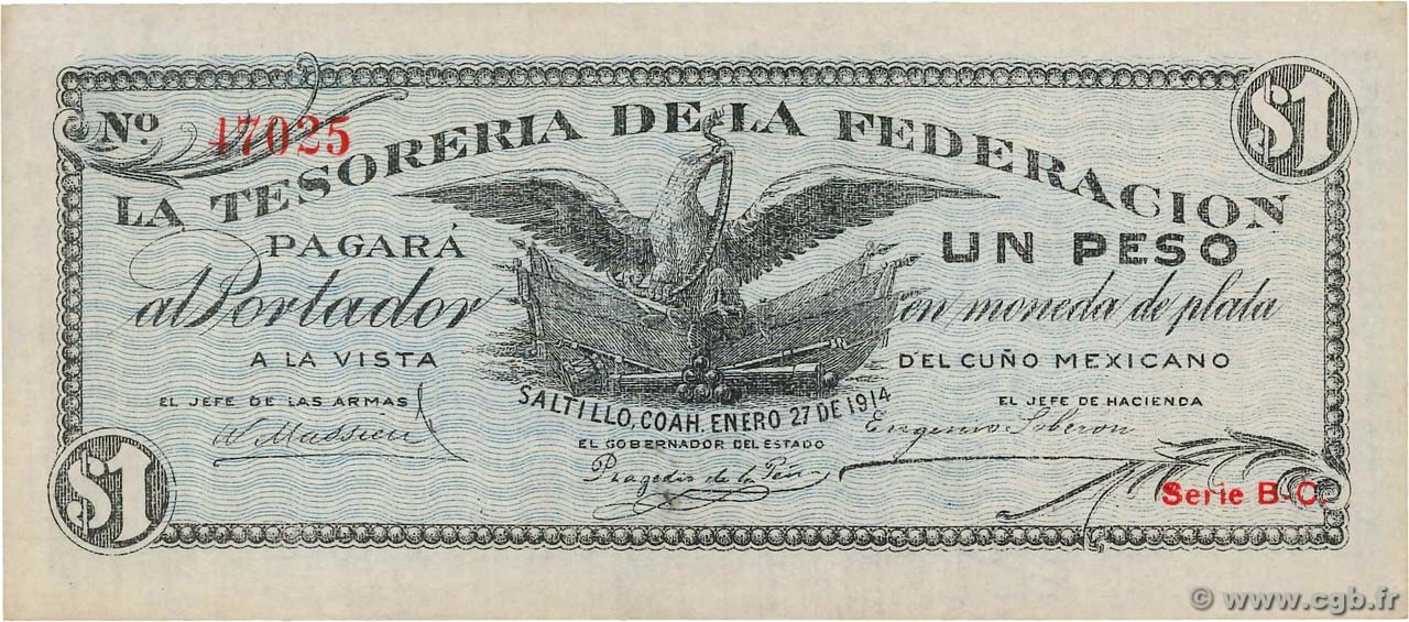 1 Peso MEXICO Saltillo 1914 PS.0645 AU