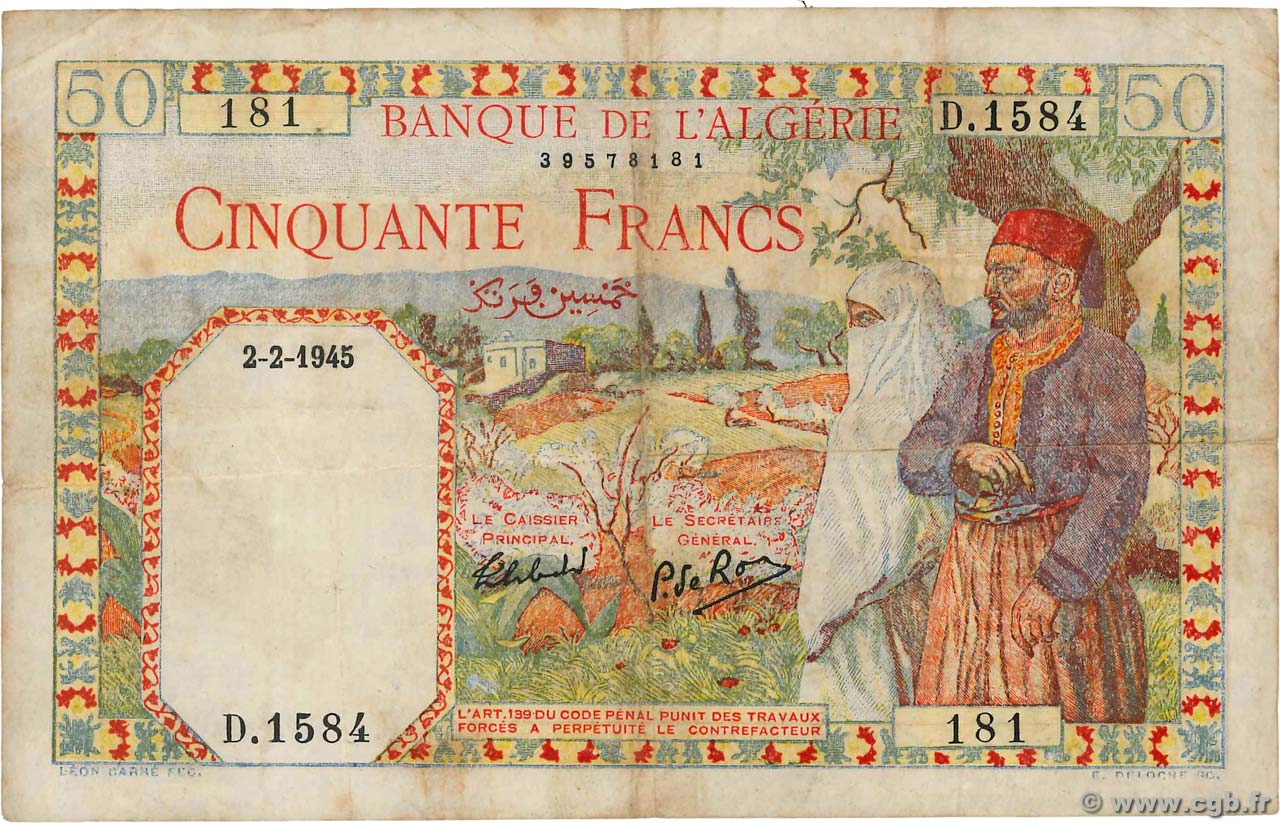 50 Francs ALGERIA  1945 P.087 F+
