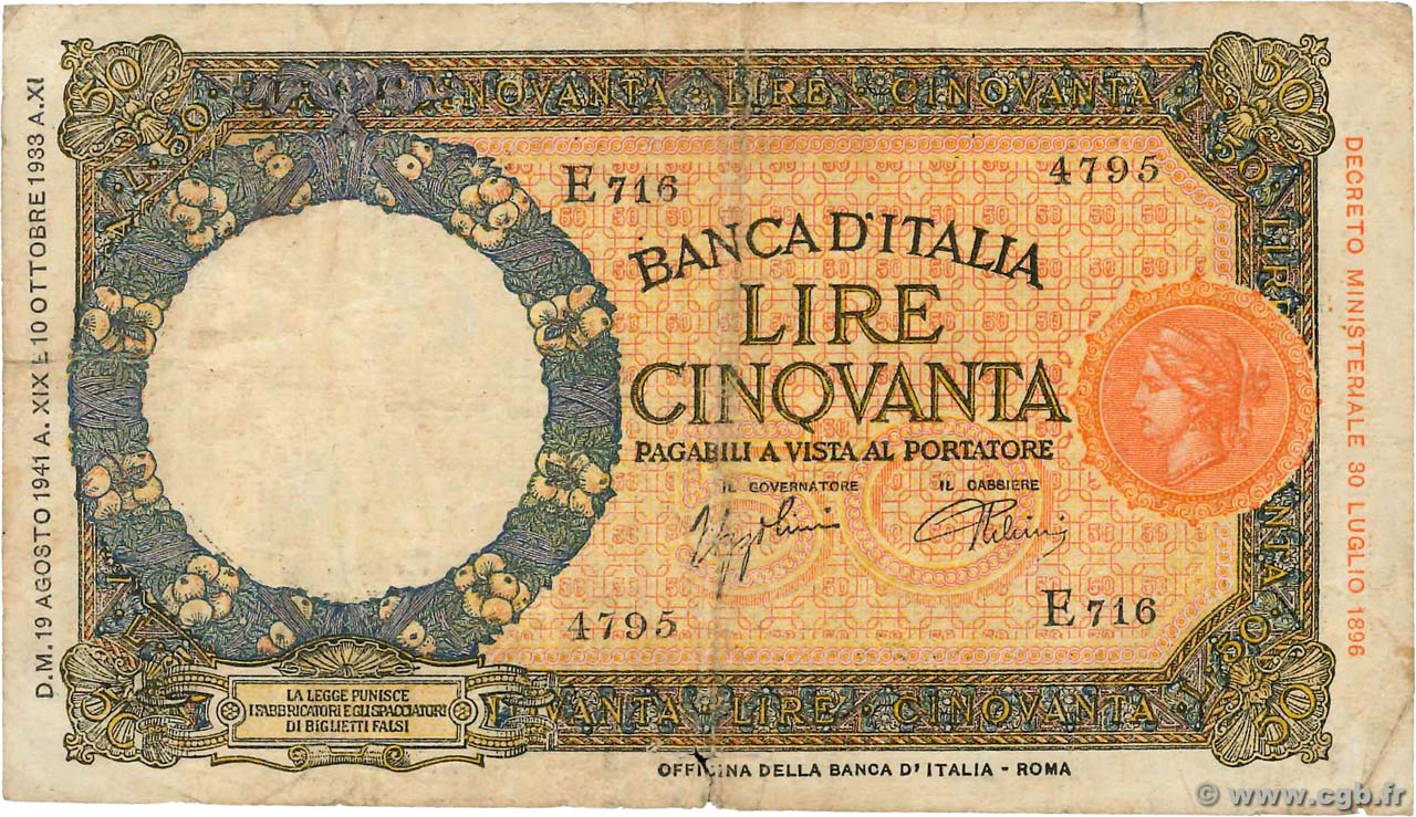 50 Lire ITALY  1941 P.057 VG