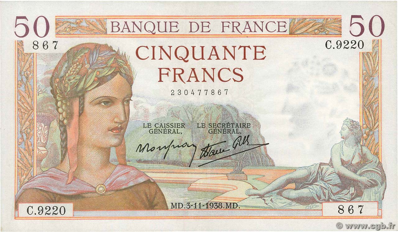 50 Francs CÉRÈS modifié FRANCIA  1938 F.18.18 EBC