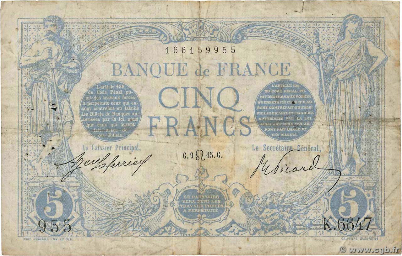 5 Francs BLEU FRANKREICH  1915 F.02.29 fS