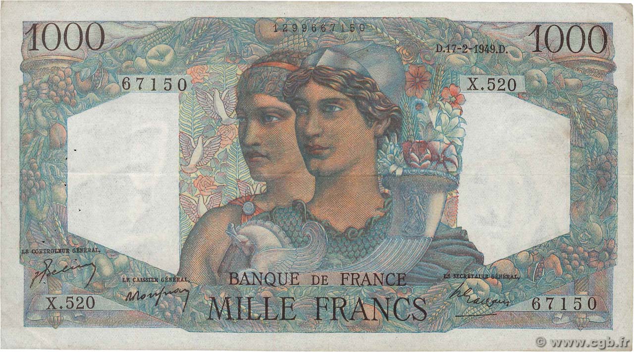 1000 Francs MINERVE ET HERCULE FRANCE  1949 F.41.25 pr.TTB