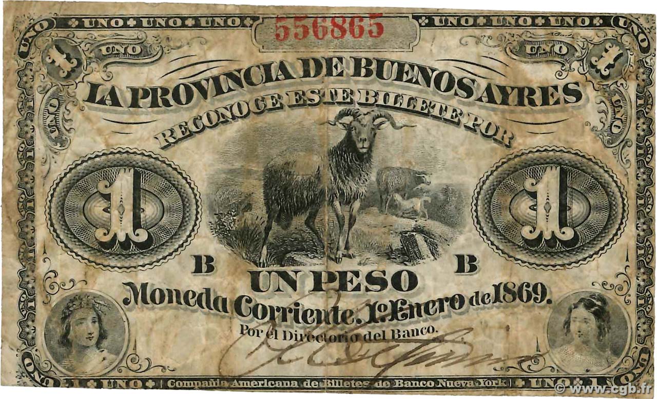 1 Peso ARGENTINA  1869 PS.0481a q.MB