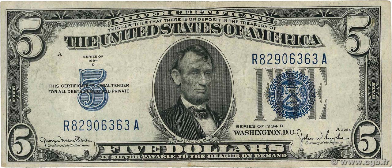 5 Dollars STATI UNITI D AMERICA  1934 P.414Ad q.BB