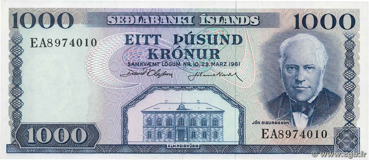 1000 Kronur ICELAND  1961 P.46a UNC-