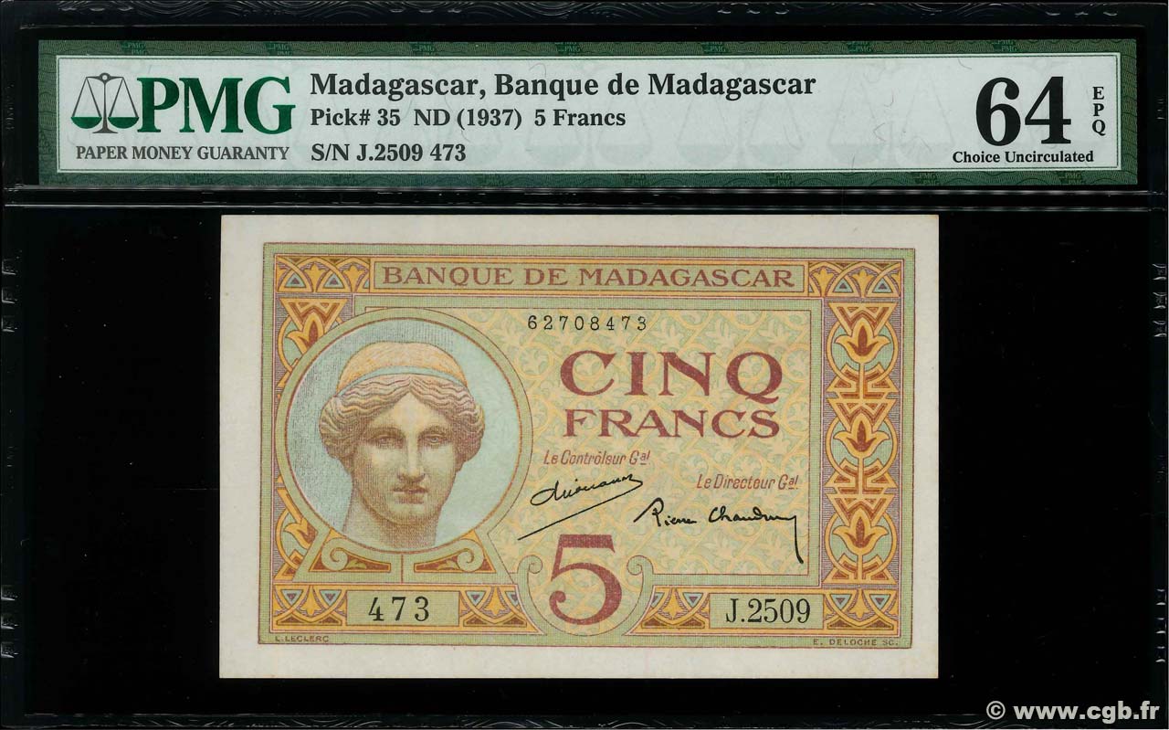 5 Francs MADAGASCAR  1937 P.035 FDC