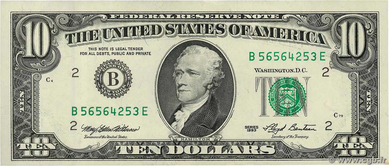 10 Dollars UNITED STATES OF AMERICA New York 1993 P.492 XF+