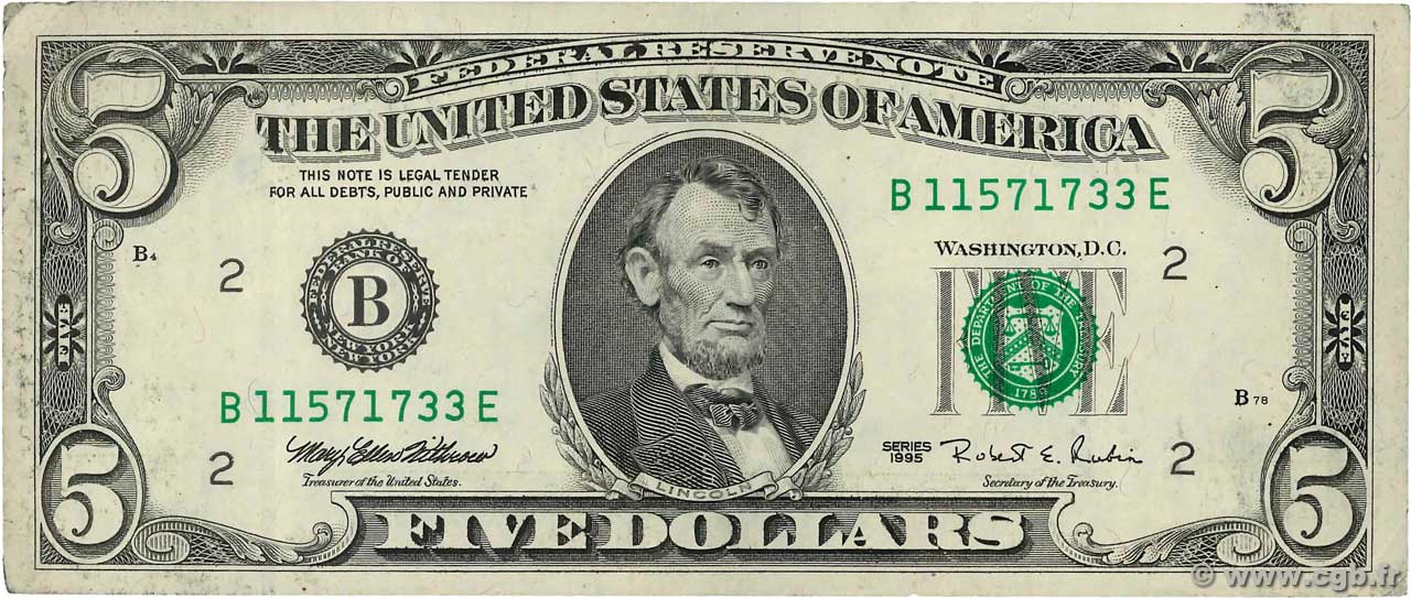 5 Dollars ÉTATS-UNIS D AMÉRIQUE New York 1995 P.498 TTB+