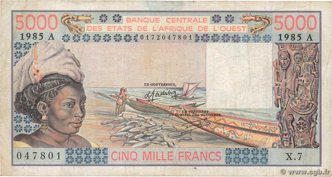 5000 Francs WEST AFRICAN STATES  1985 P.108Ao F