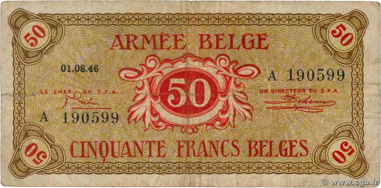 50 Francs BELGIEN  1946 P.M6a fS