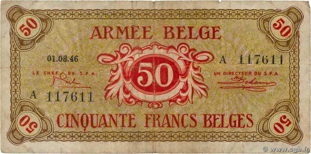50 Francs BELGIEN  1946 P.M6a fS