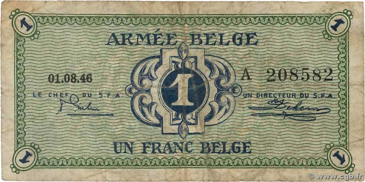 1 Franc BELGIUM  1946 P.M1a VG