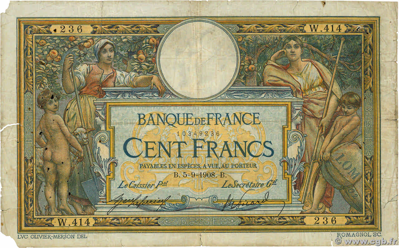 100 Francs LUC OLIVIER MERSON avec LOM FRANCE  1908 F.22.01 B