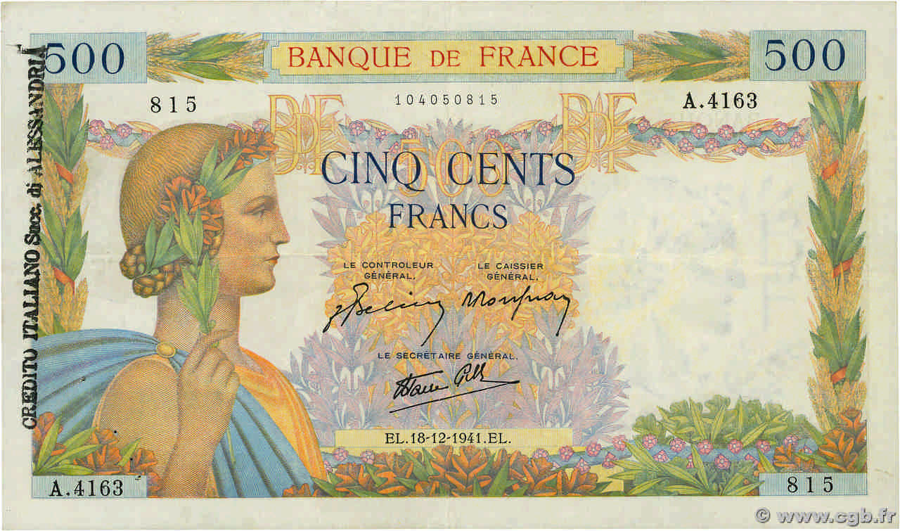 500 Francs LA PAIX FRANCE  1941 F.32.25 TB+