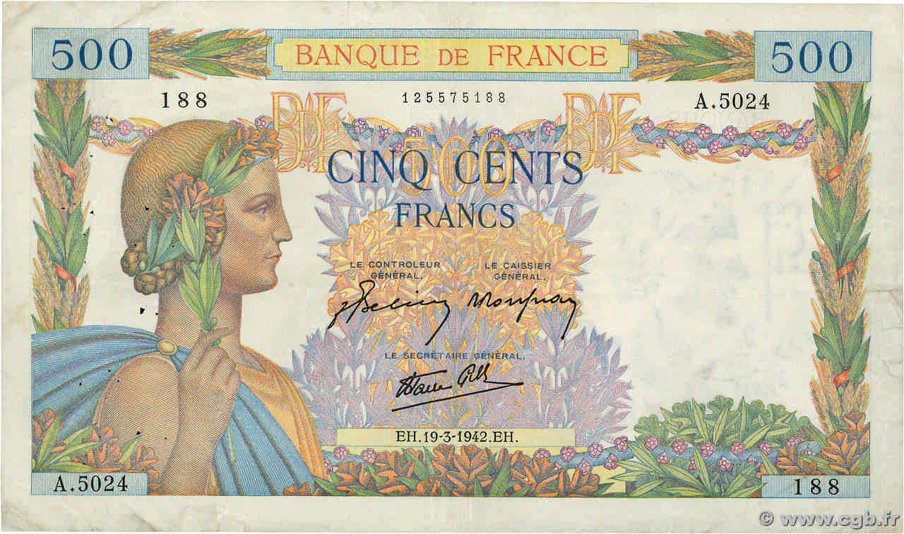 500 Francs LA PAIX FRANCE  1942 F.32.31 F+