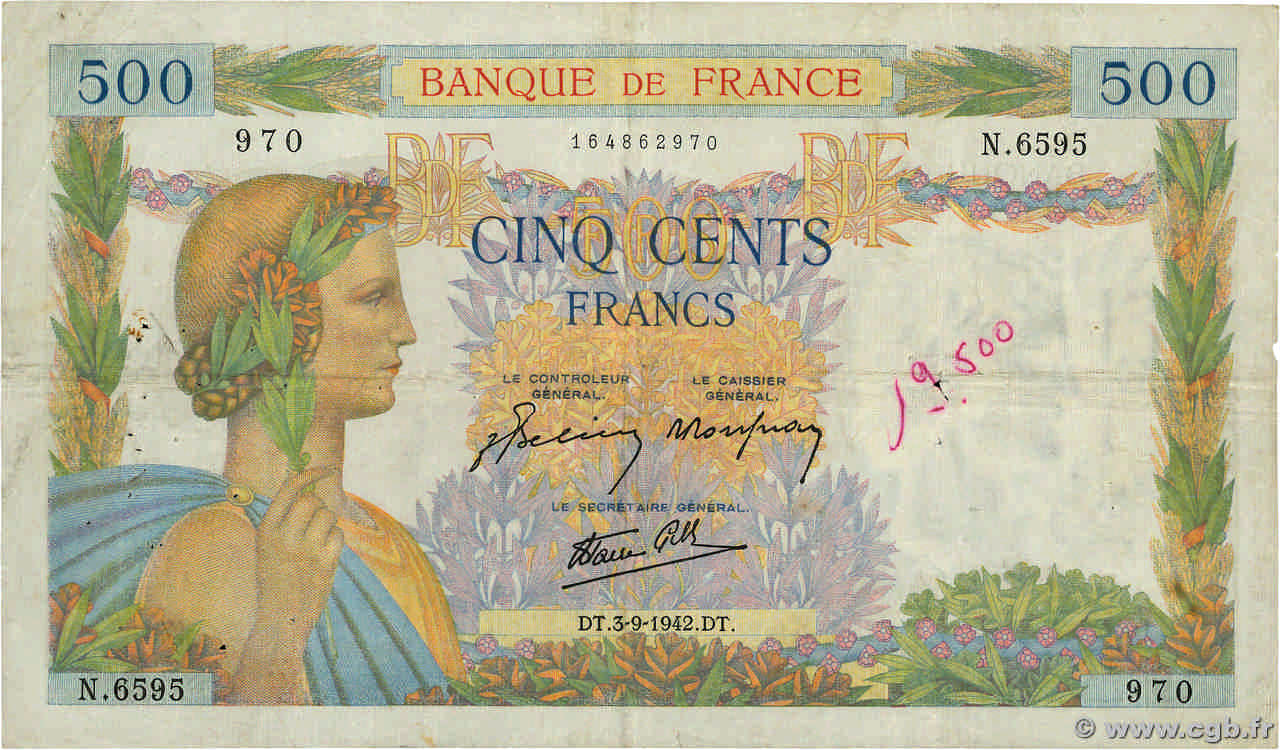 500 Francs LA PAIX FRANCIA  1942 F.32.39 q.MB