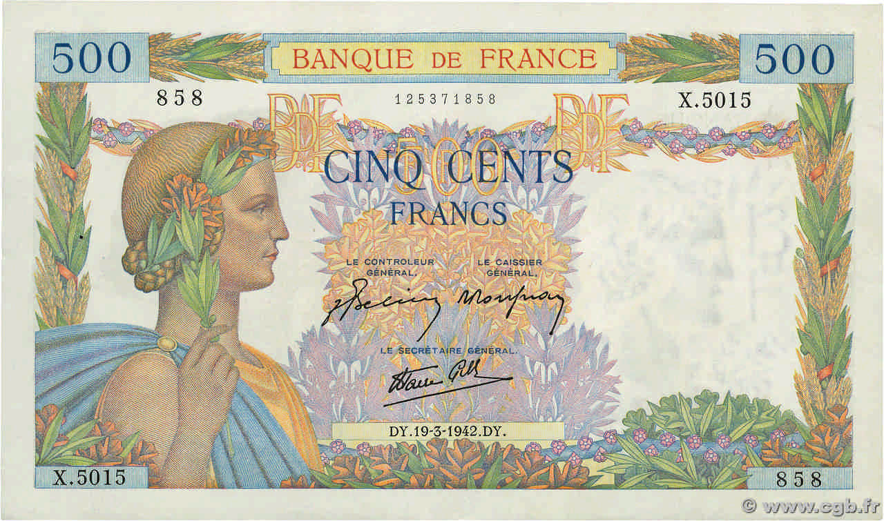 500 Francs LA PAIX FRANCE  1942 F.32.31 XF