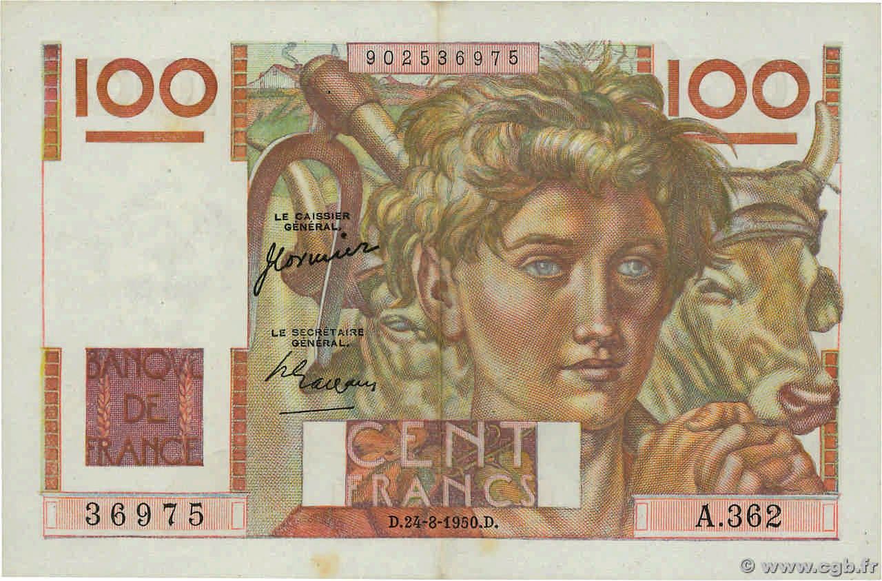 100 Francs JEUNE PAYSAN FRANCE  1950 F.28.26 pr.SUP