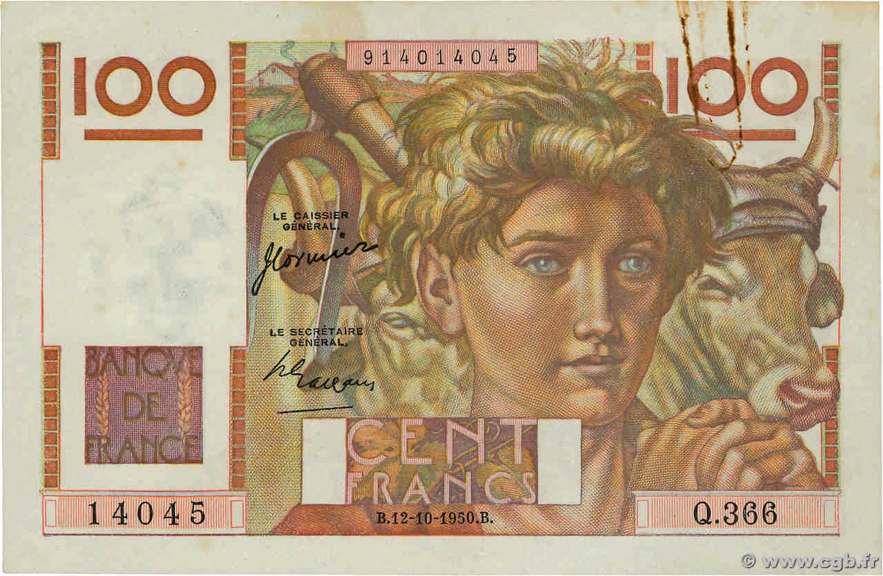 100 Francs JEUNE PAYSAN FRANCIA  1950 F.28.27 MBC