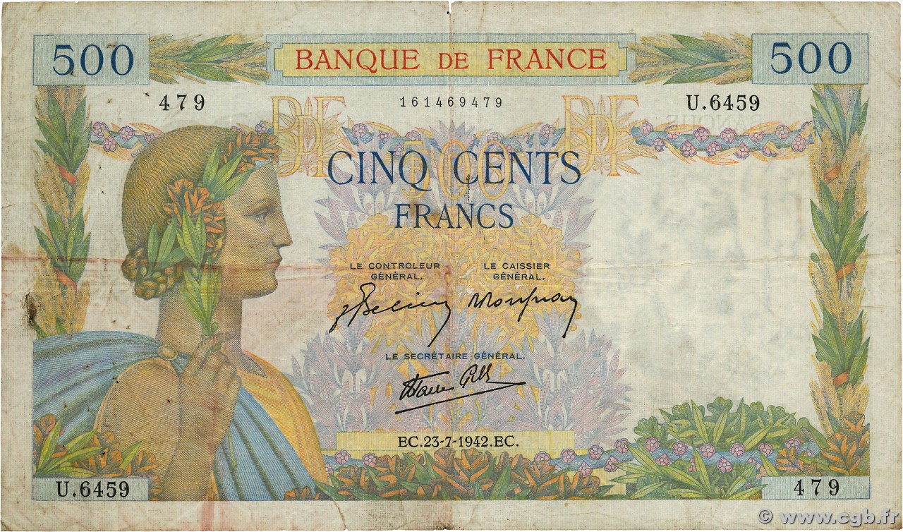 500 Francs LA PAIX FRANCE  1942 F.32.38 B