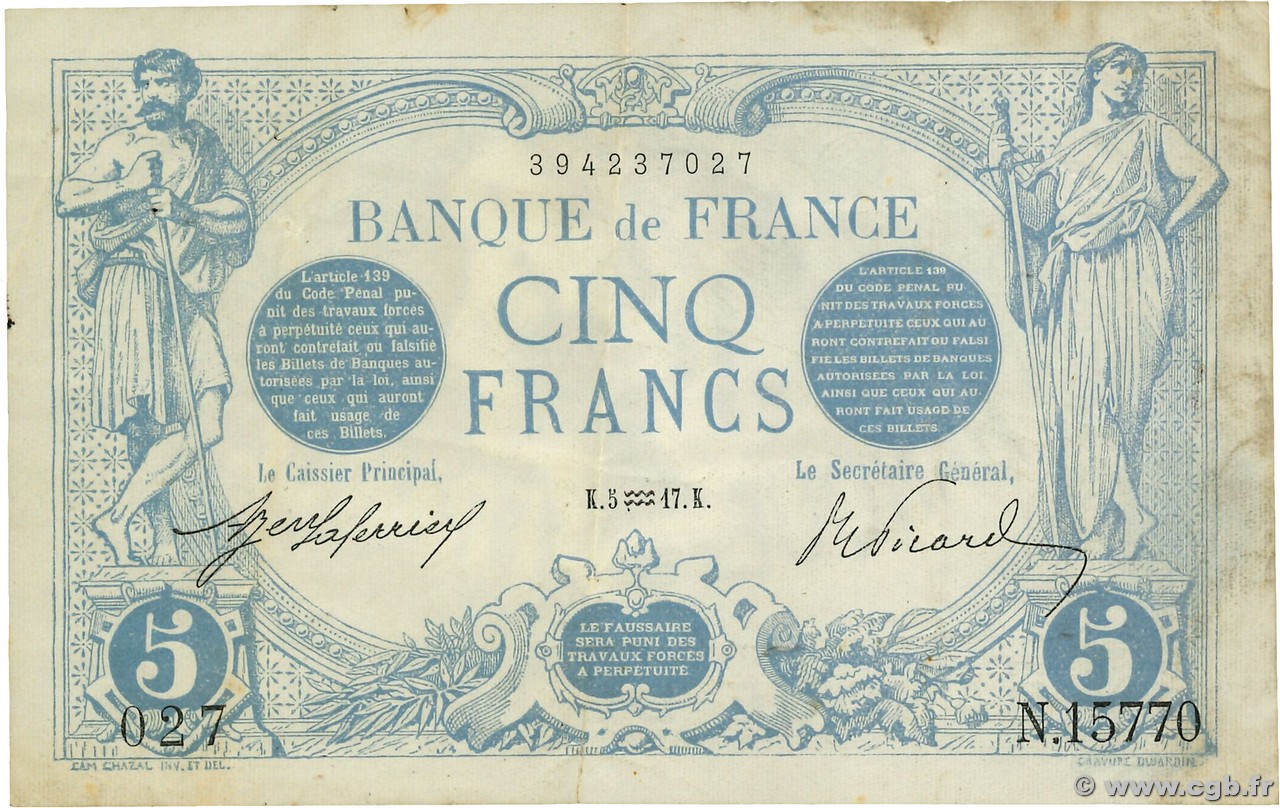 5 Francs BLEU FRANCE  1917 F.02.47 pr.TTB