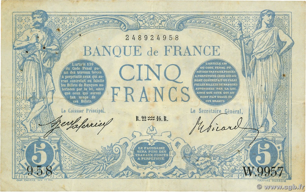 5 Francs BLEU FRANCIA  1916 F.02.35 q.BB
