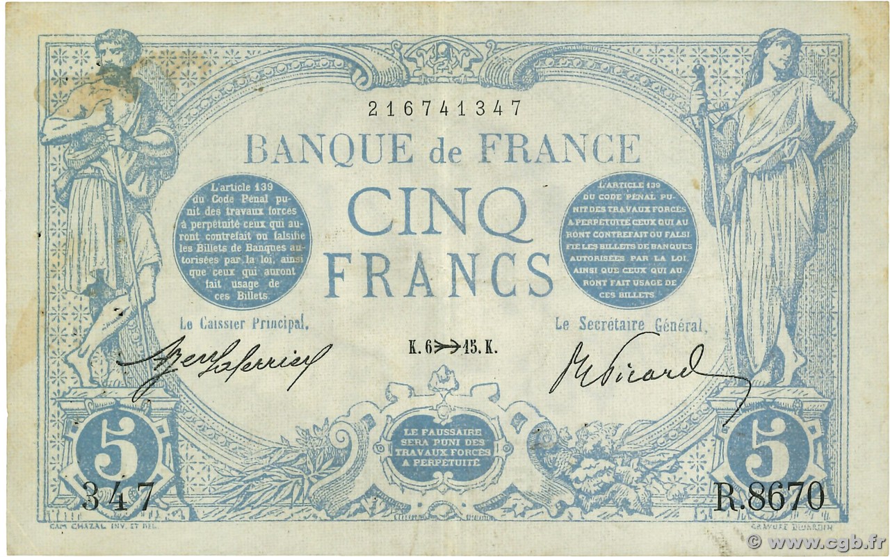 5 Francs BLEU FRANKREICH  1915 F.02.33 fSS