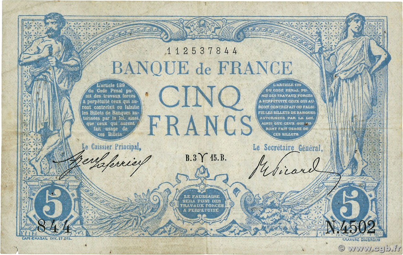 5 Francs BLEU FRANKREICH  1915 F.02.25 fS