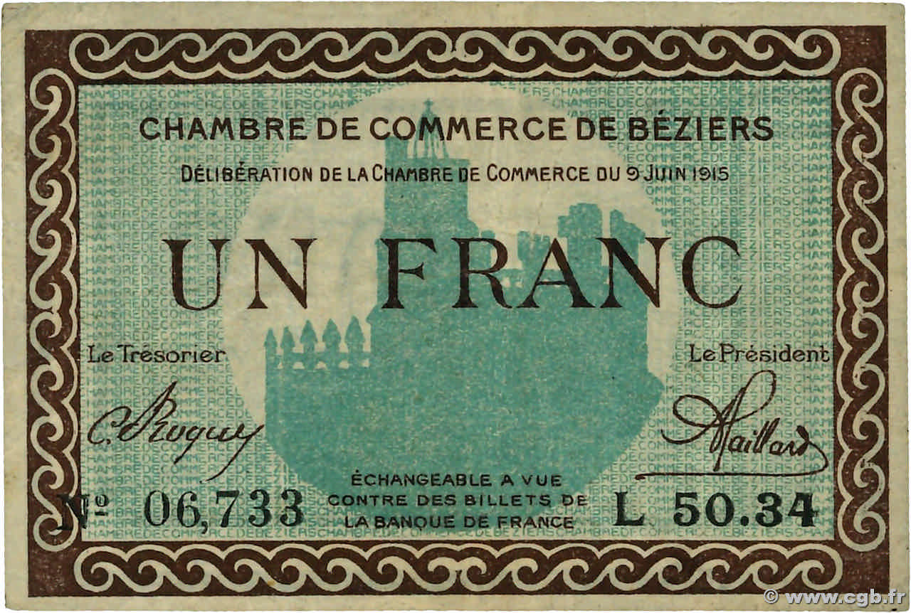 1 Franc FRANCE régionalisme et divers Béziers 1915 JP.027.10 TTB