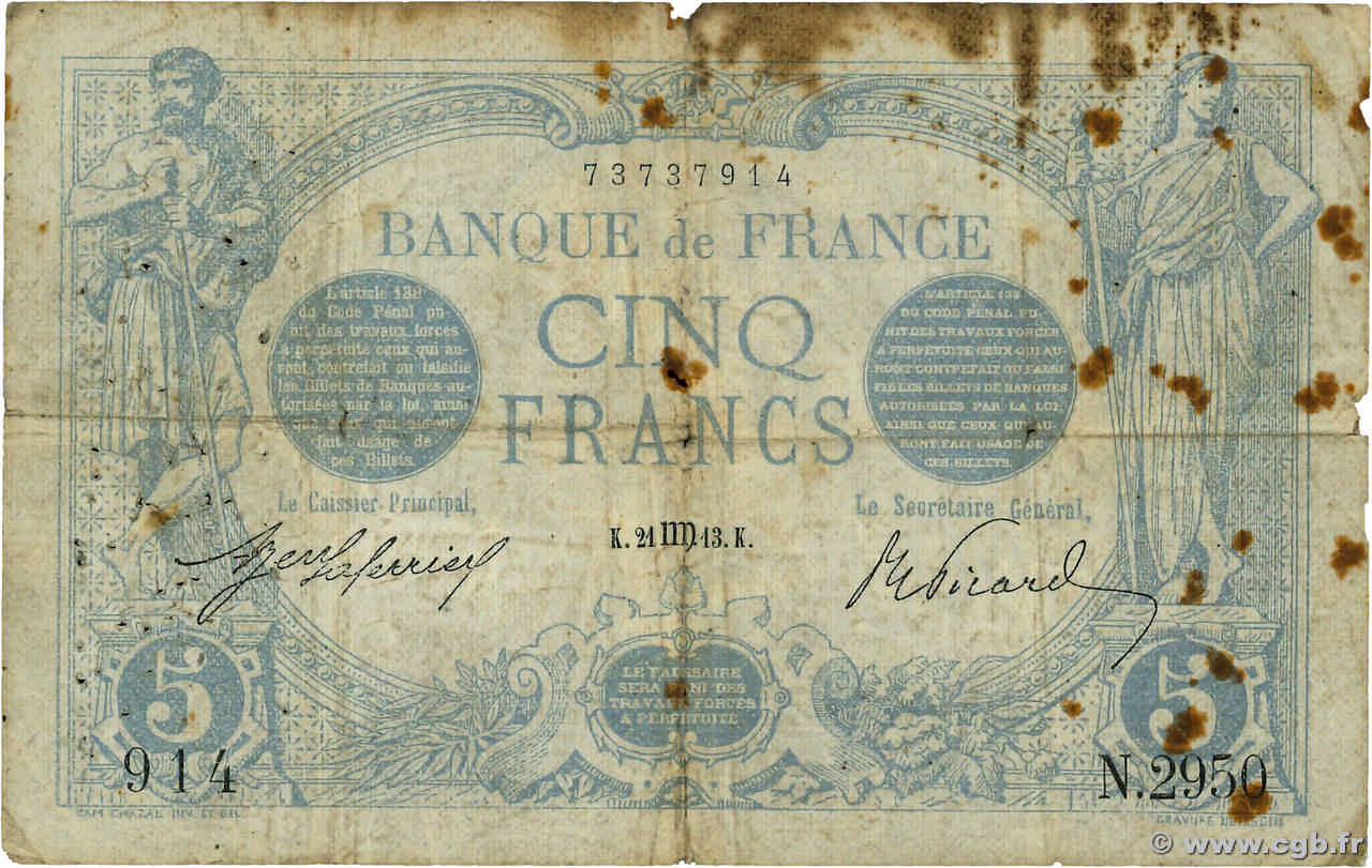 5 Francs BLEU FRANCIA  1913 F.02.20 B
