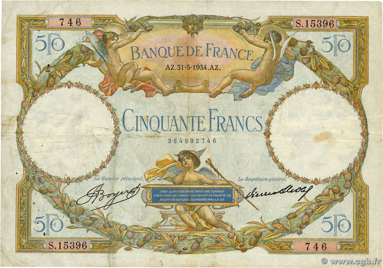 50 Francs LUC OLIVIER MERSON type modifié FRANCE  1934 F.16.05 B+