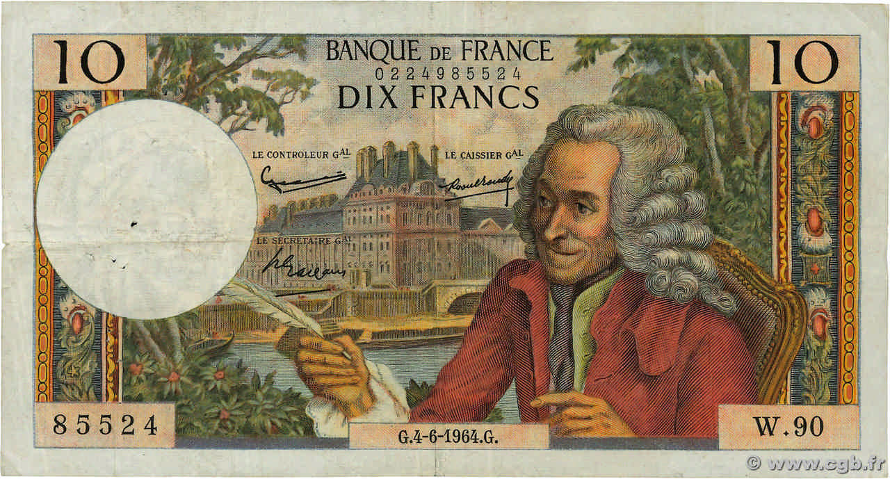 10 Francs VOLTAIRE FRANCE  1964 F.62.09 TB