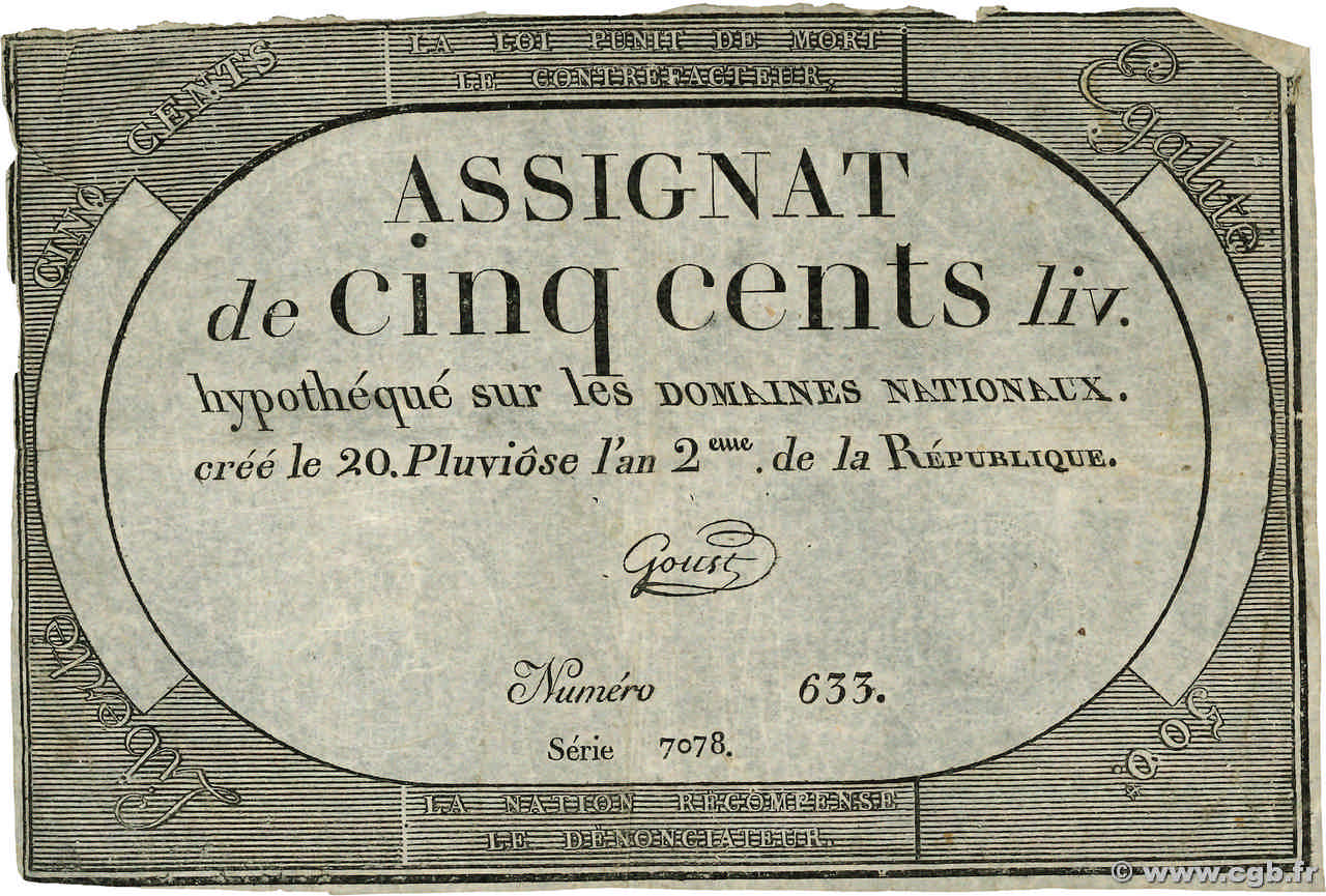 500 Livres FRANCE  1794 Ass.47a TB