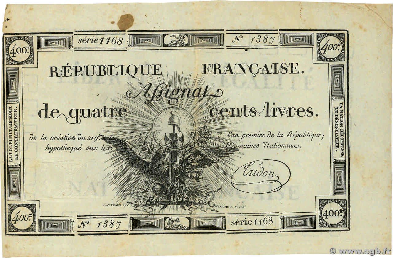400 Livres FRANCE  1792 Ass.38a pr.TTB