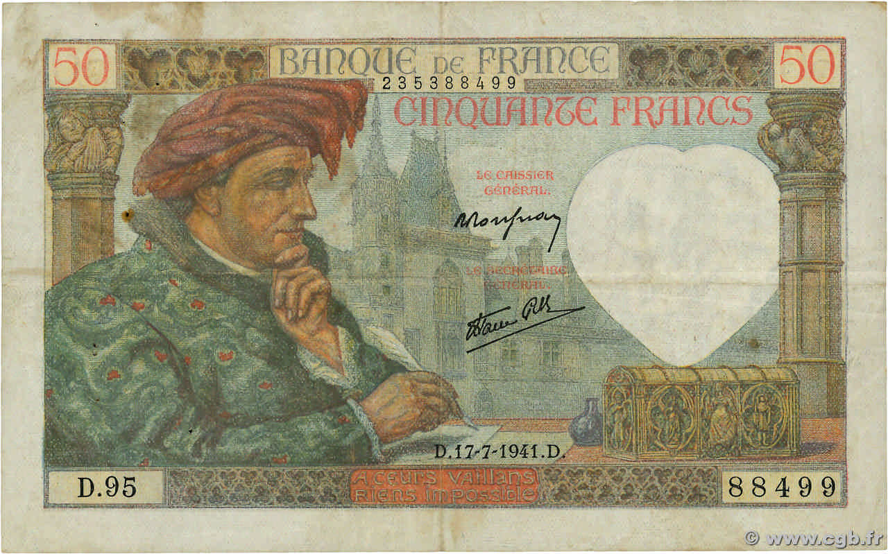 50 Francs JACQUES CŒUR FRANCE  1941 F.19.12 TB+