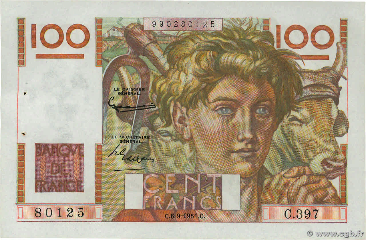 100 Francs JEUNE PAYSAN FRANCIA  1951 F.28.29 q.AU