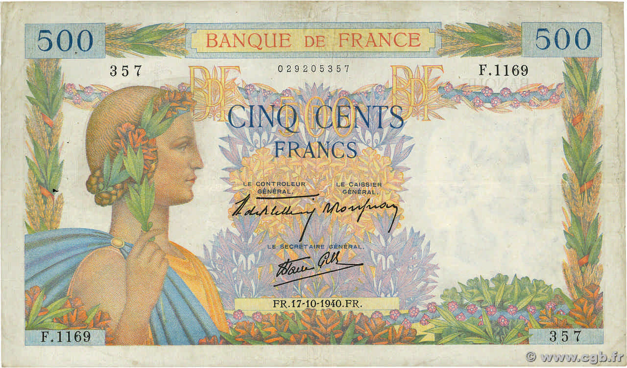 500 Francs LA PAIX FRANCE  1940 F.32.07 TB