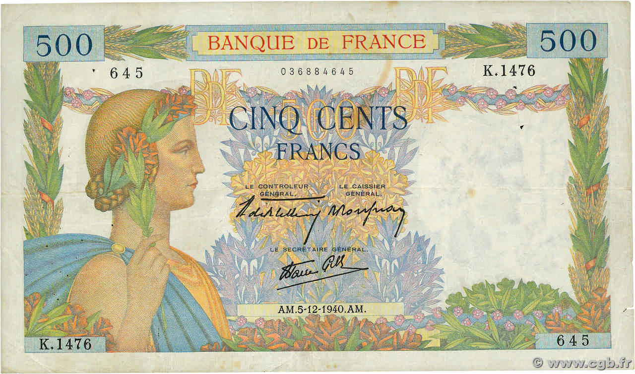 500 Francs LA PAIX FRANCE  1940 F.32.10 TB