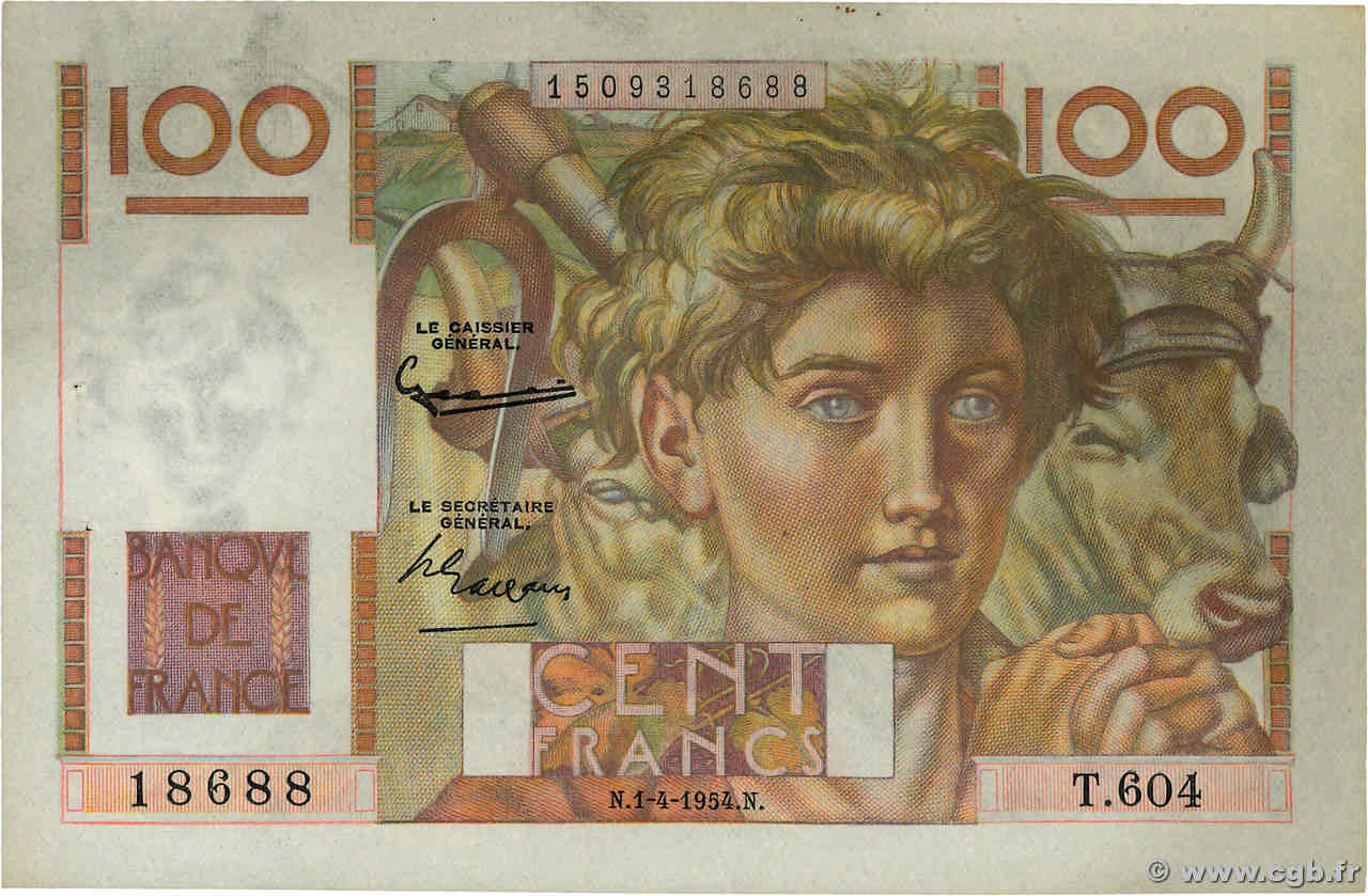 100 Francs JEUNE PAYSAN FRANCE  1954 F.28.43 SUP